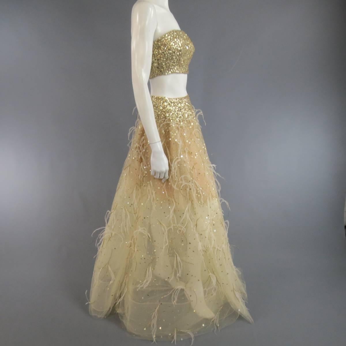 OSCAR DE LA RENTA Spring 2015 4 Gold Feather Tulle Skirt Gold Sequin Bustier Set 1