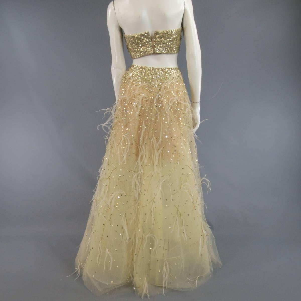 OSCAR DE LA RENTA Spring 2015 4 Gold Feather Tulle Skirt Gold Sequin Bustier Set 3