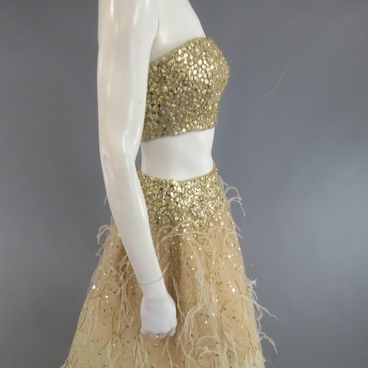 OSCAR DE LA RENTA Spring 2015 4 Gold Feather Tulle Skirt Gold Sequin Bustier Set 2