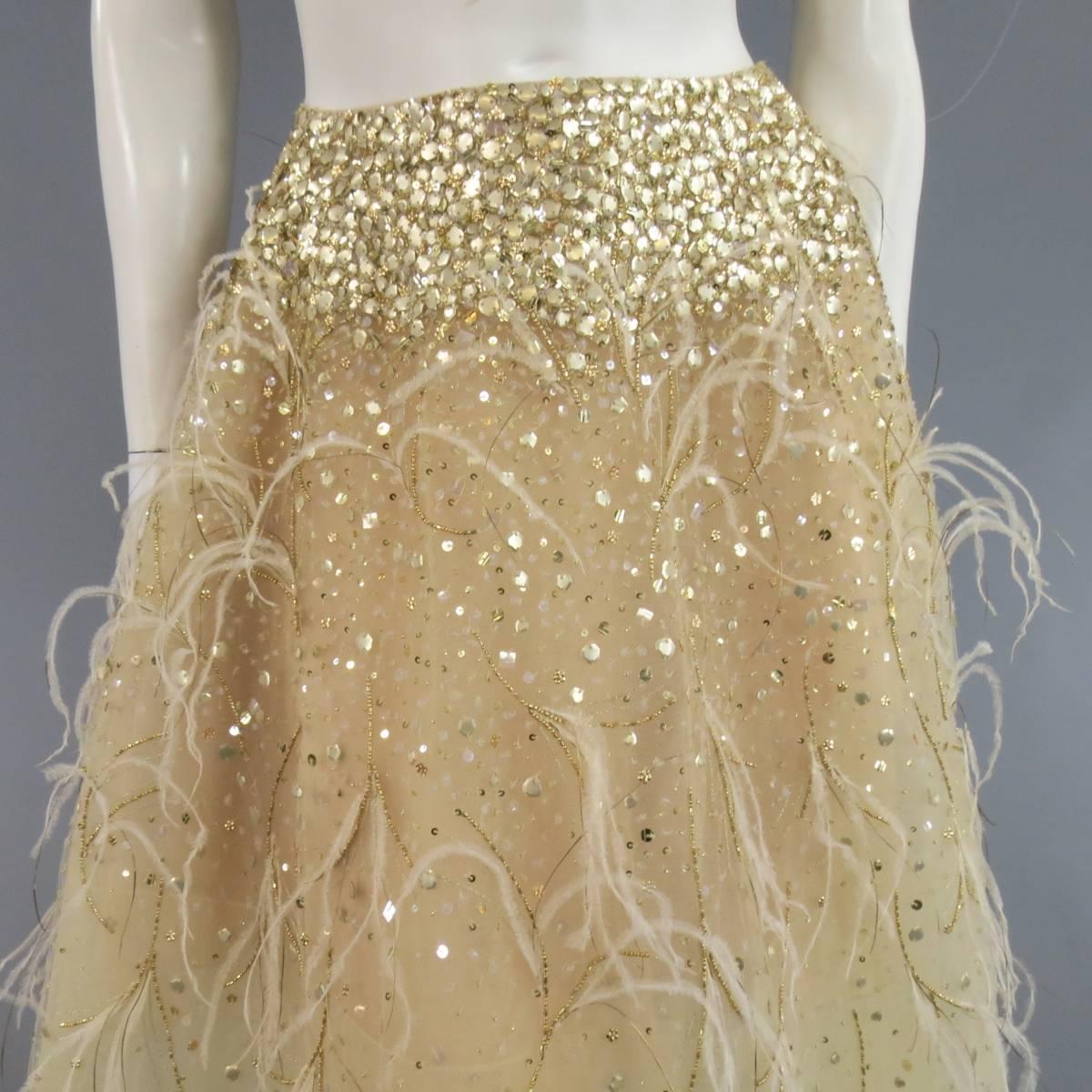 OSCAR DE LA RENTA Spring 2015 4 Gold Feather Tulle Skirt Gold Sequin Bustier Set 6