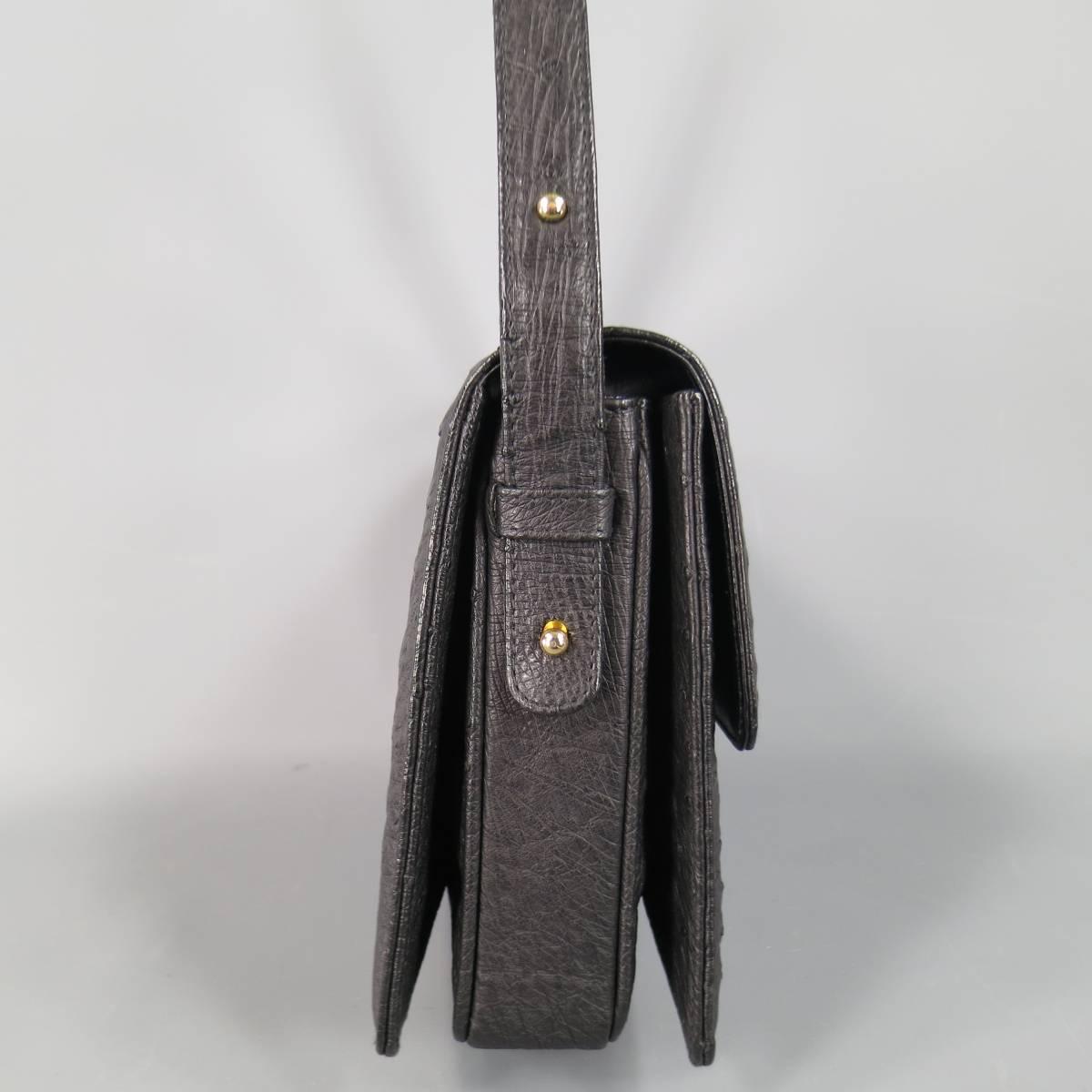 Vintage GUCCI Black Ostrich Leather Gold Crest Shoulder Bag In Excellent Condition In San Francisco, CA