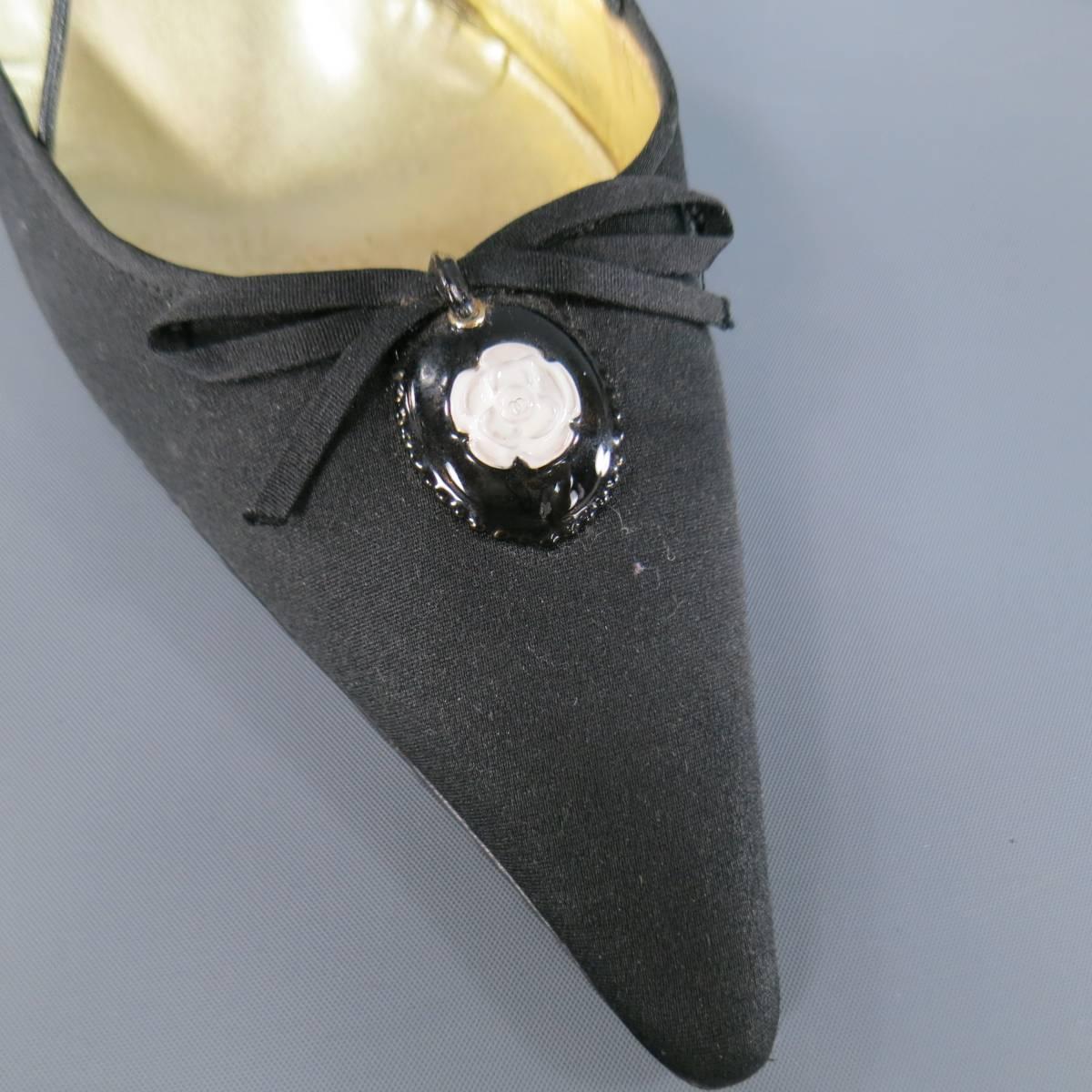 CHANEL Size 12 Black Silk White Enamel Camellia Pandant Bow Slingback Pumps In Good Condition In San Francisco, CA