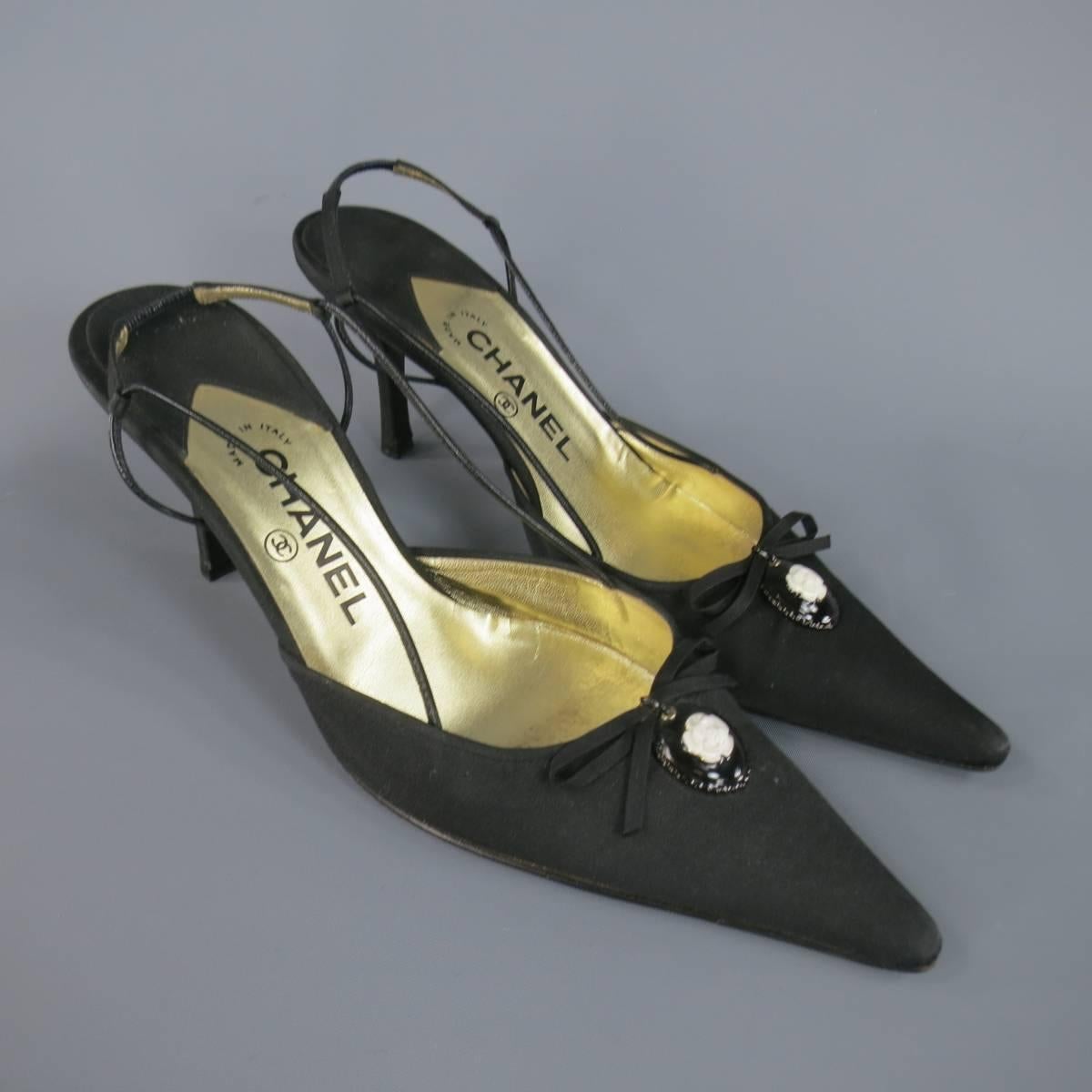 CHANEL Size 12 Black Silk White Enamel Camellia Pandant Bow Slingback Pumps 1
