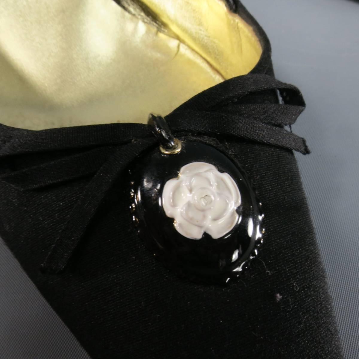 Women's CHANEL Size 12 Black Silk White Enamel Camellia Pandant Bow Slingback Pumps
