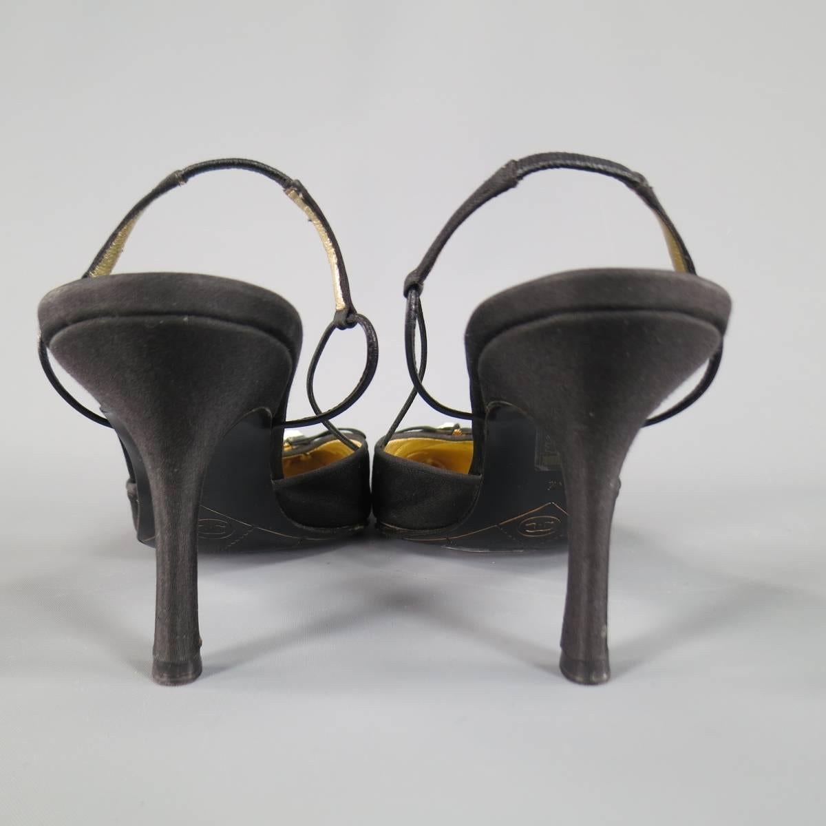 CHANEL Size 12 Black Silk White Enamel Camellia Pandant Bow Slingback Pumps 2