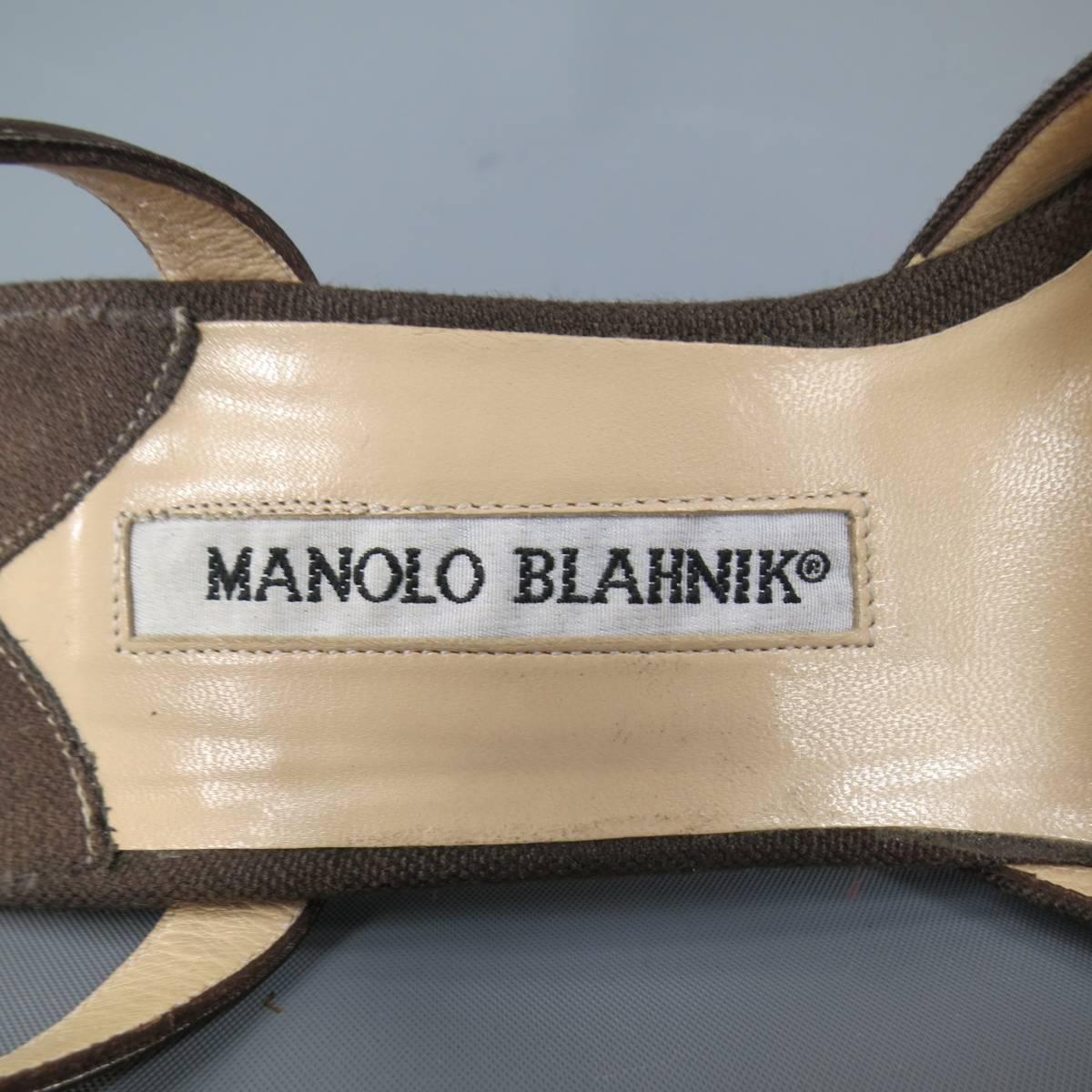 MANOLO BLAHNIK Pumps  - Size 8 Brown Canvas Ankle Strap Sea Shell Heels 4