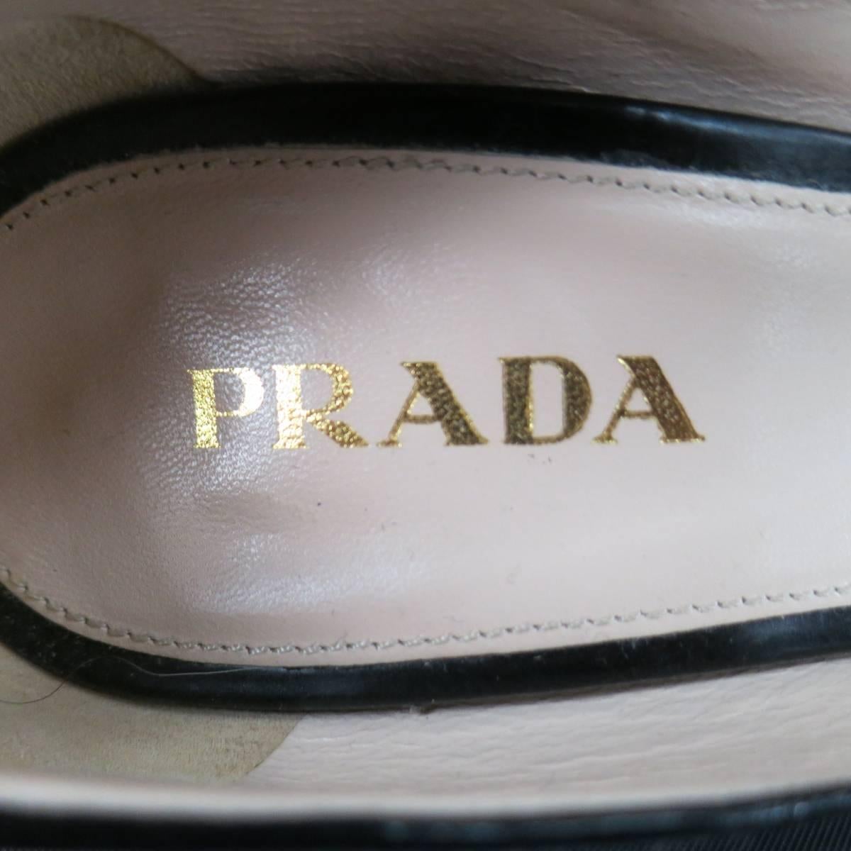 Prada Pumps Black Contrast Stitching Leather Peep Toe Knot Bow Platform, Size 9  1