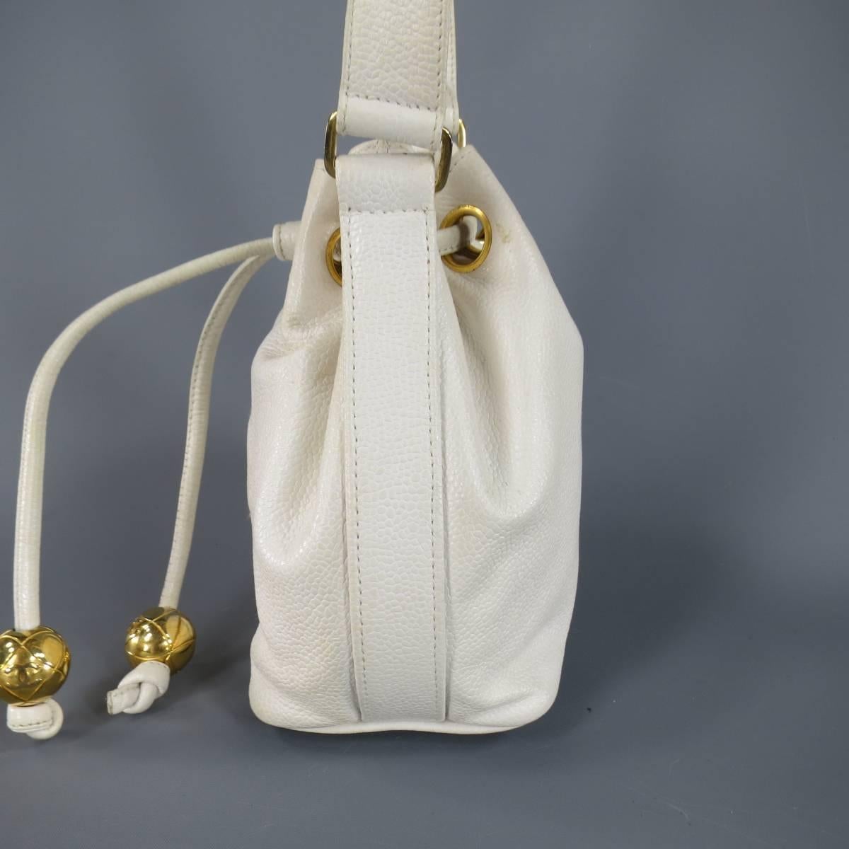 Beige Vintage 1980's CHANEL White Leather Gold Chain Bucket Shoulder Bag
