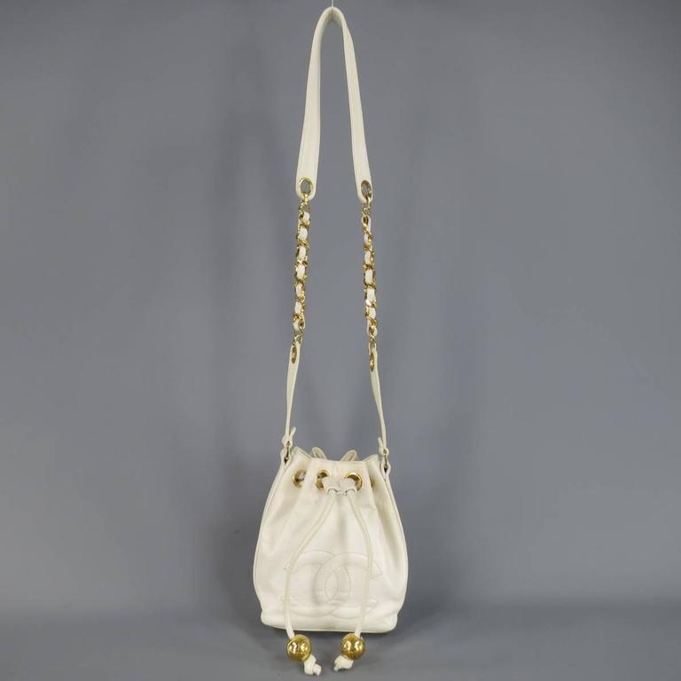 Vintage 1980's CHANEL White Leather Gold Chain Bucket Shoulder Bag at
