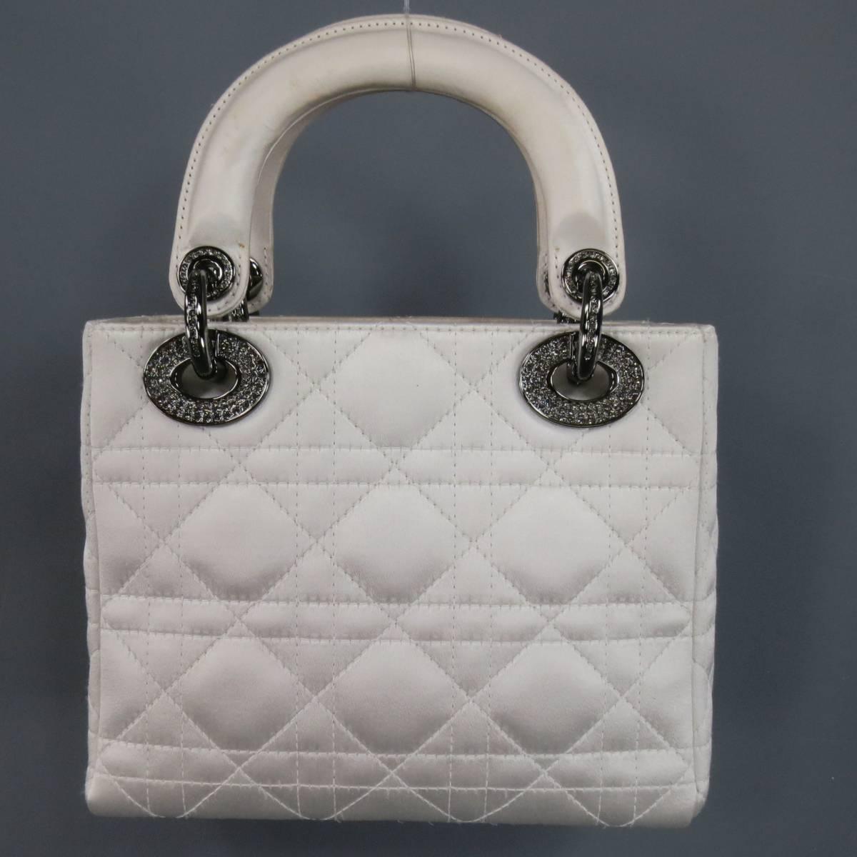 Gray CHRISTIAN DIOR White Cannage Silk Crystal Hardware Mini Lady Dior Bag