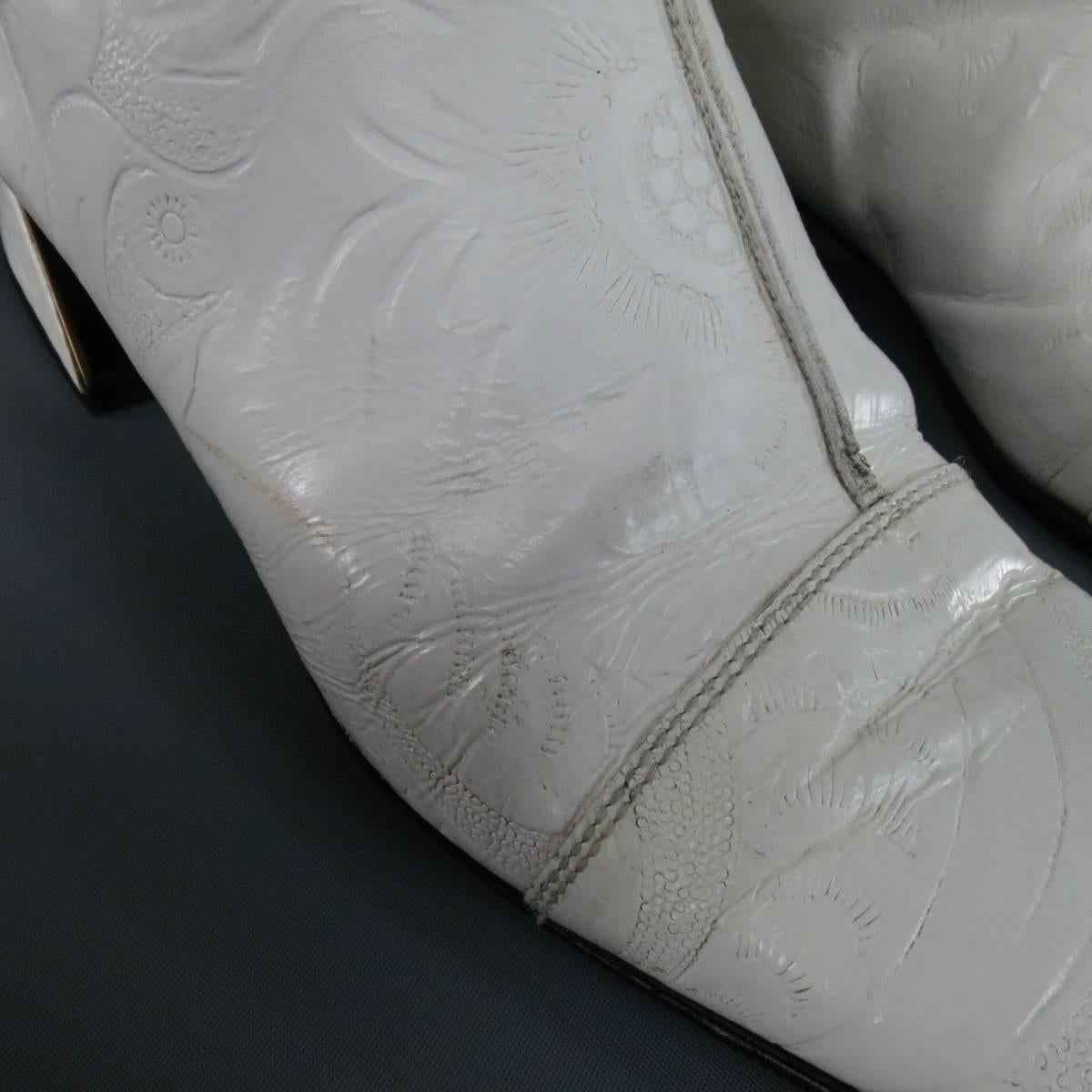 FENDI Size 8 White FLoral Embossed Leather Pull On Go Go Calf Boots 1