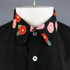 Herren RAF SIMONS Größe M Schwarz Baumwolle Kurzarm Rot Floral Kragen Hemd