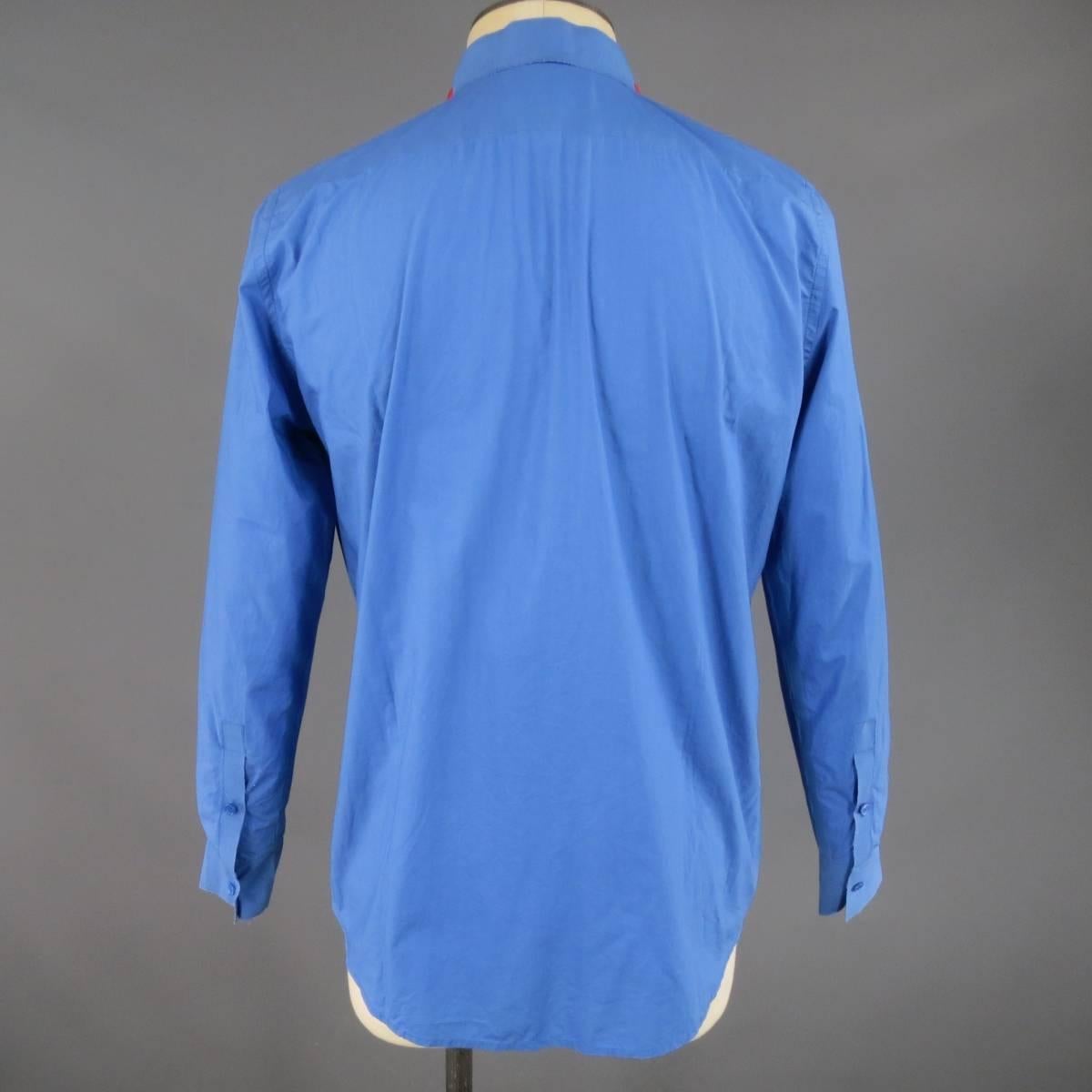 Men's MARNI Size XS Blue Cotton Red Trim Raw Collar Long Sleeve Shirt 2