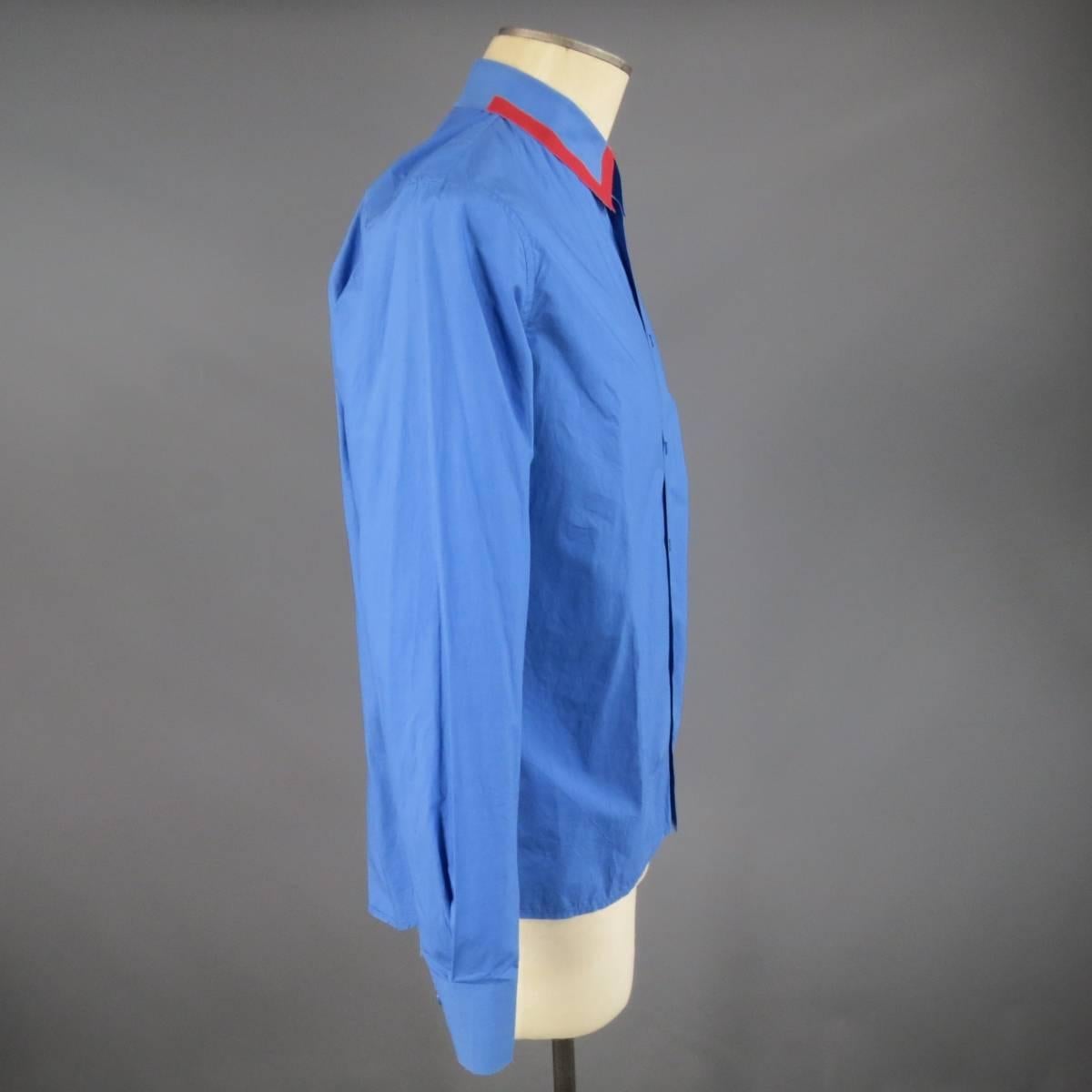 Men's MARNI Size XS Blue Cotton Red Trim Raw Collar Long Sleeve Shirt 1