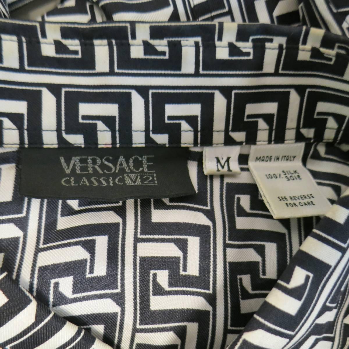 VERSACE CLASSIC V2 Size M Chemise à manches longues en soie à imprimé géométrique noir et blanc 5