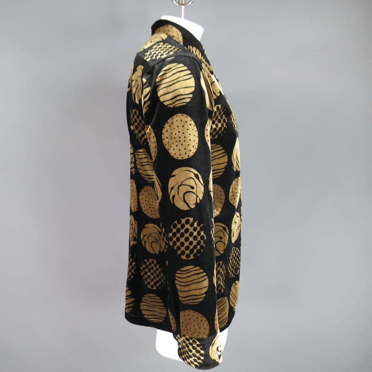 Men's Vintage MATSUDA Size L Black & Gold Printed Polka Dot Velvet Long Sleeve Shirt