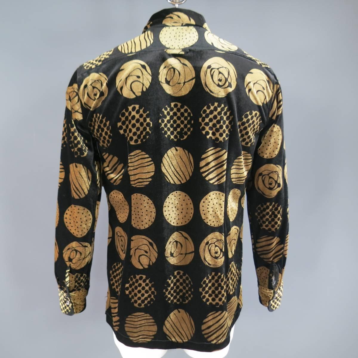 Vintage MATSUDA Size L Black & Gold Printed Polka Dot Velvet Long Sleeve Shirt 2