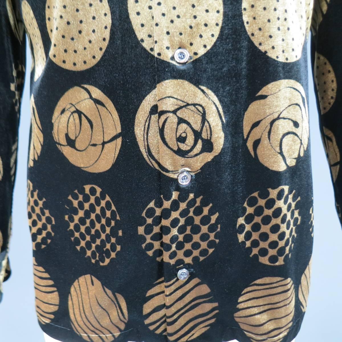 Vintage MATSUDA Size L Black & Gold Printed Polka Dot Velvet Long Sleeve Shirt 1