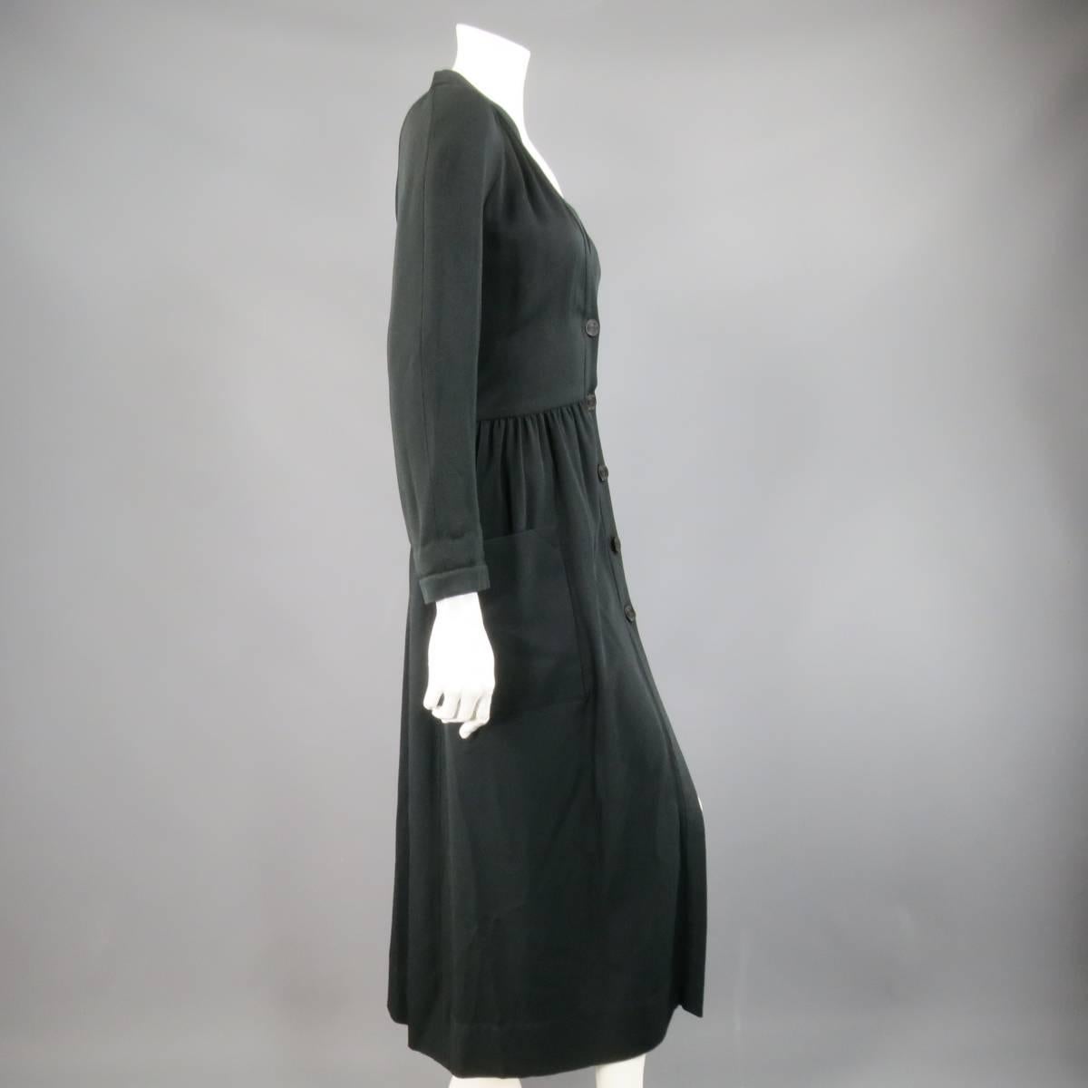 Vintage CHLOE Size 8 Black V Neck Long Sleeve Midi Shirt Dress 1