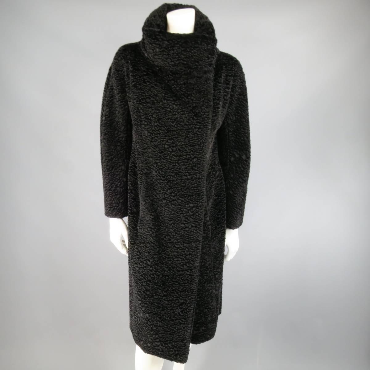 RICHARD TYLER COUTURE Size 6 Black Faux Lamb Fur Padded Collar Coat 1
