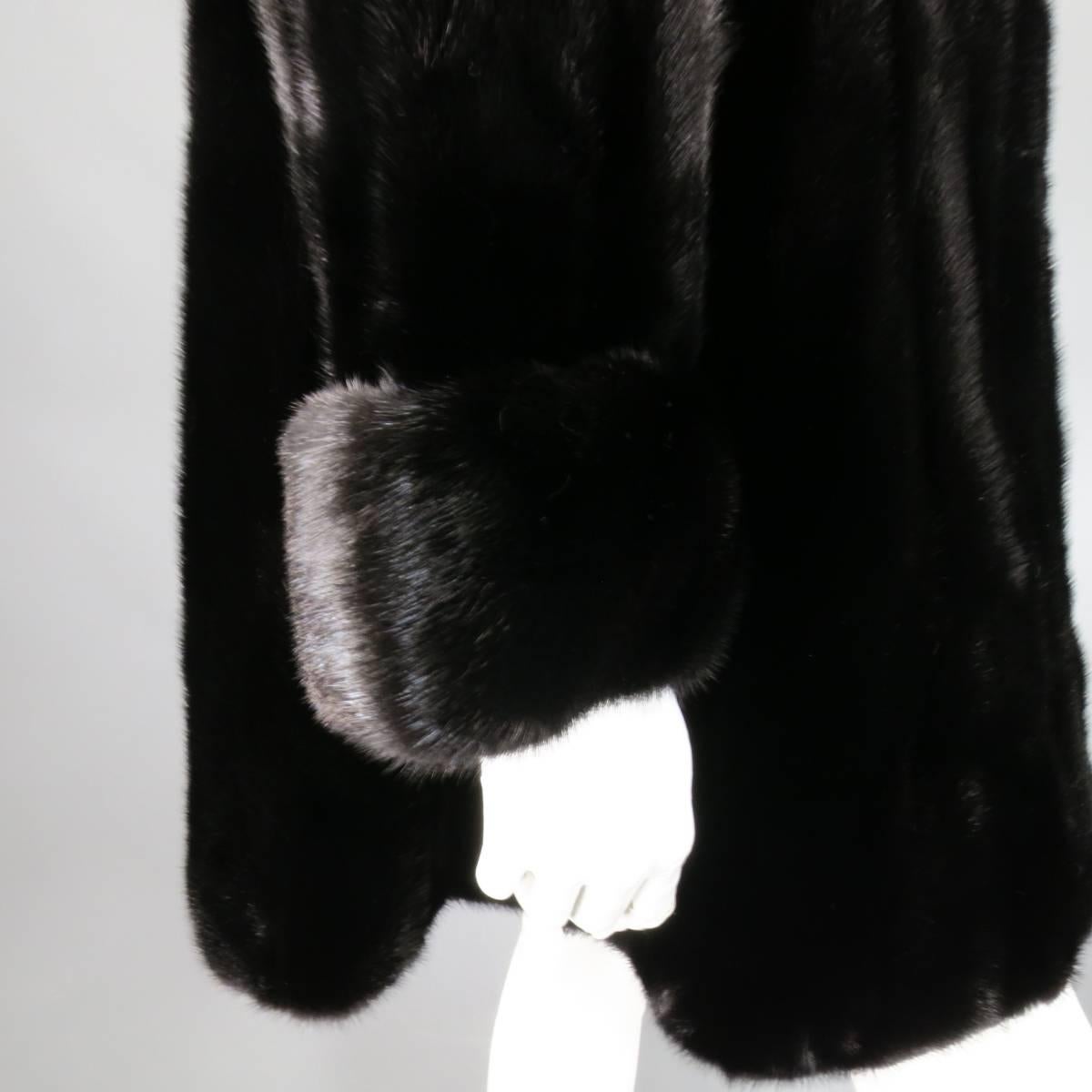 Women's VINTAGE 1990s 1980s Size L Black Mink Fur Hooded Clasp Coat