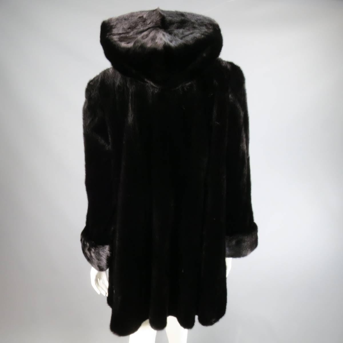 VINTAGE 1990s 1980s Size L Black Mink Fur Hooded Clasp Coat 1