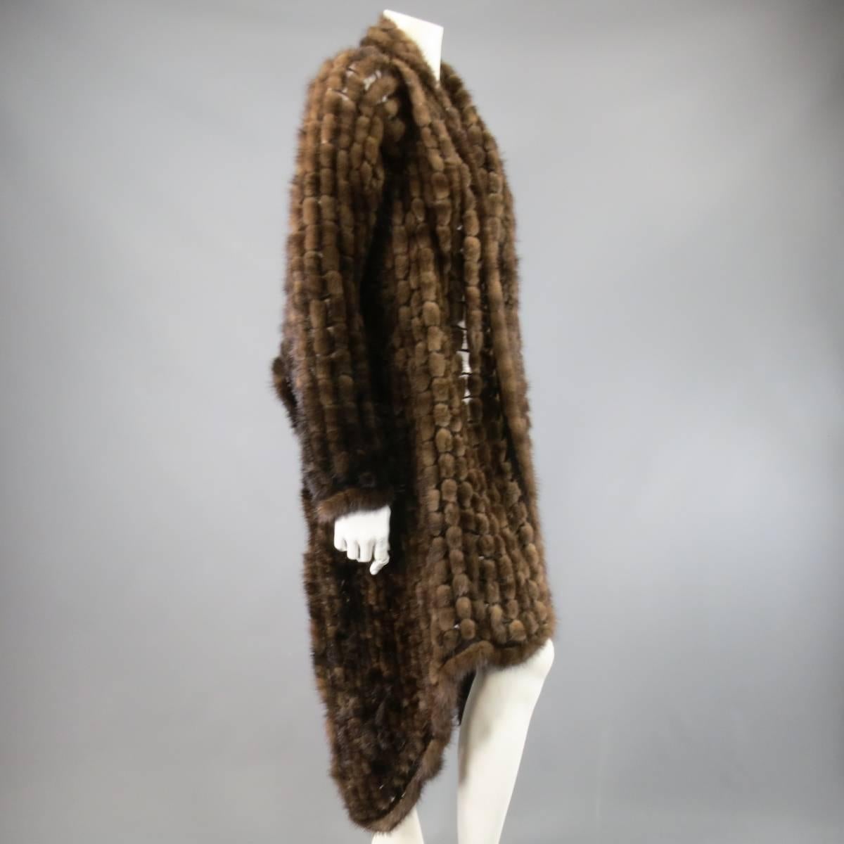 Women's ADRIENNE LANDAU Brown Mink Fur Net Mesh High Low Open Cardigan Shawl