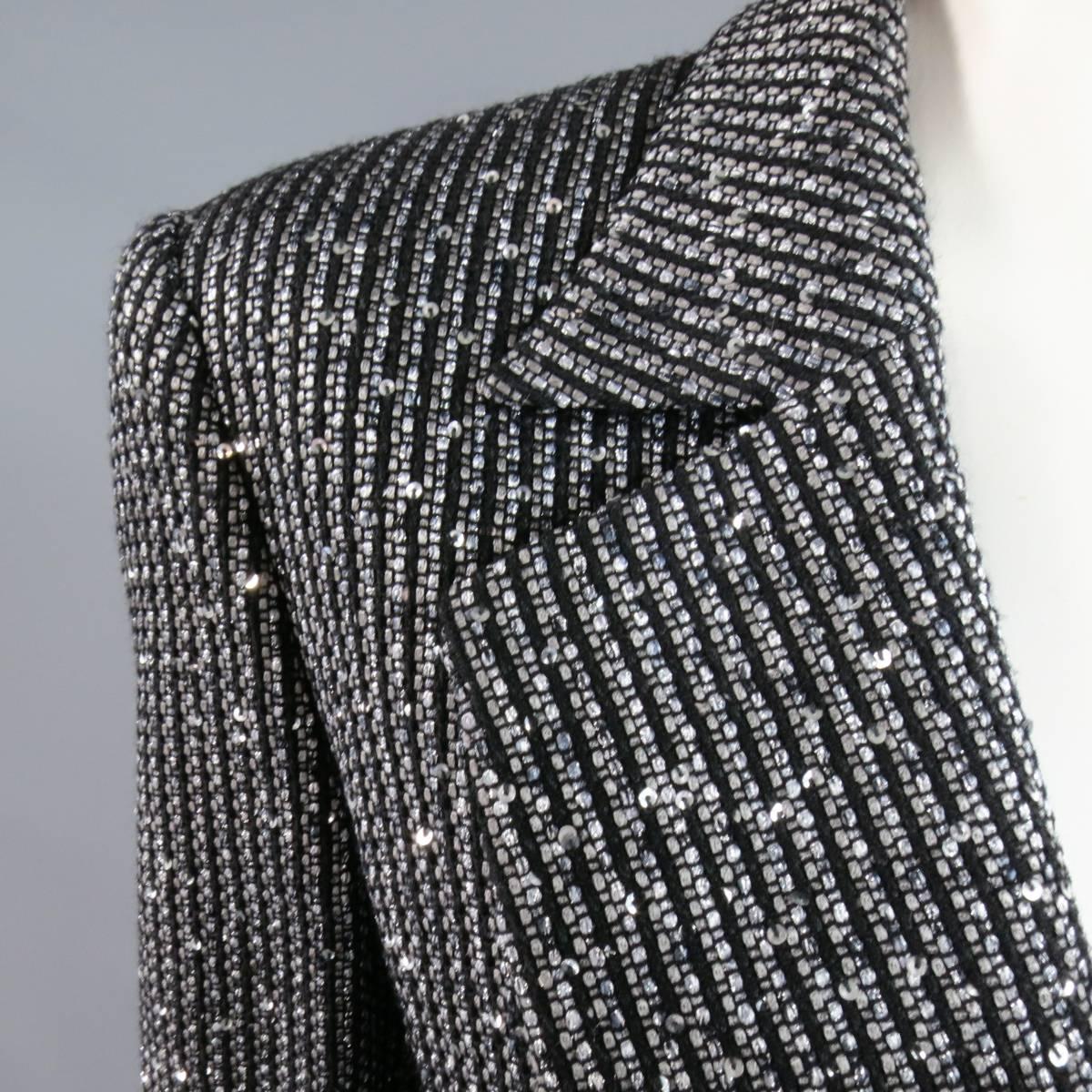 Gray ESCADA Size 14 Black & Silver Sequin Stripe Statement Jacket