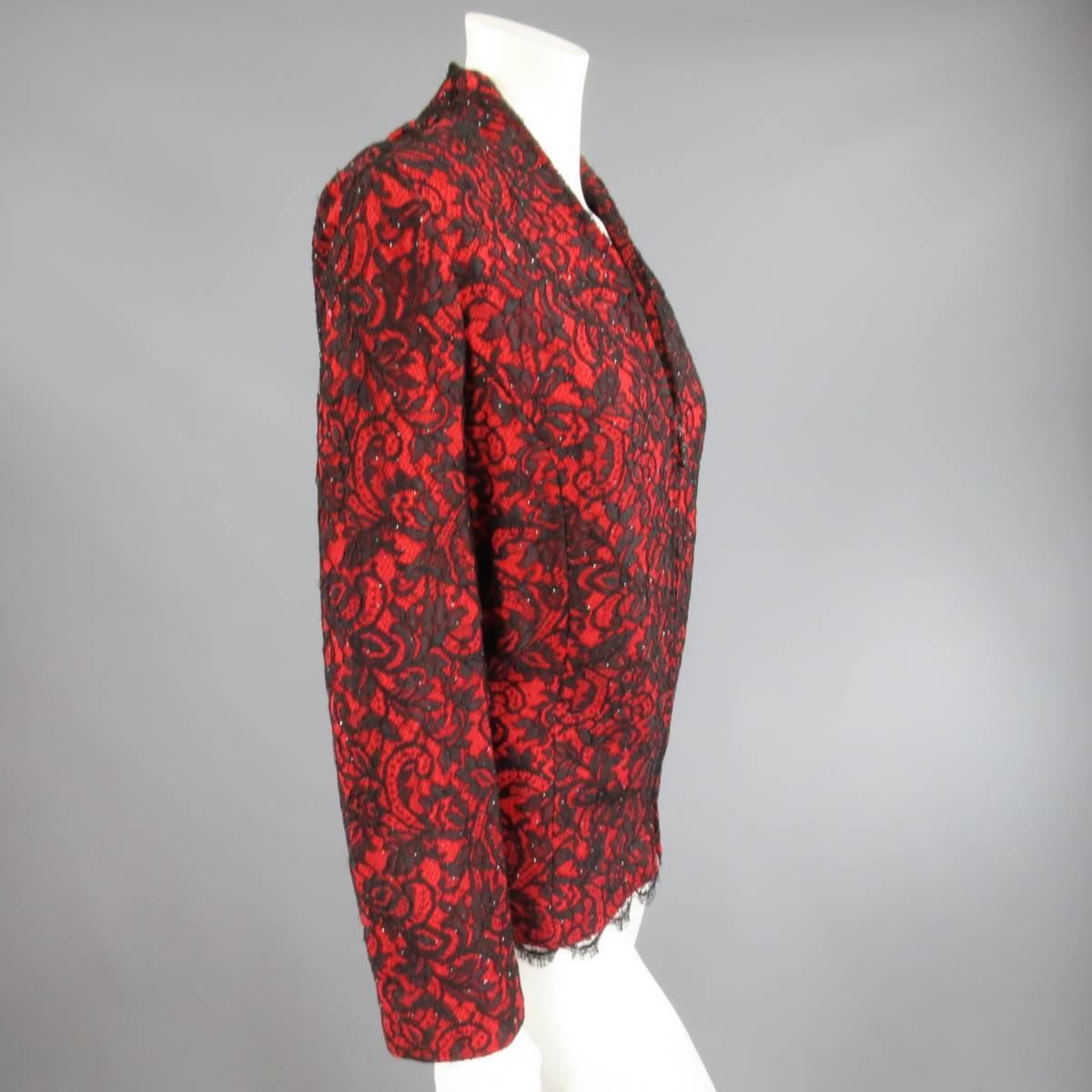 1990's ST. JOHN EVENING Size 12 Red & Black Crystal Lace Zip Jacket In Good Condition In San Francisco, CA