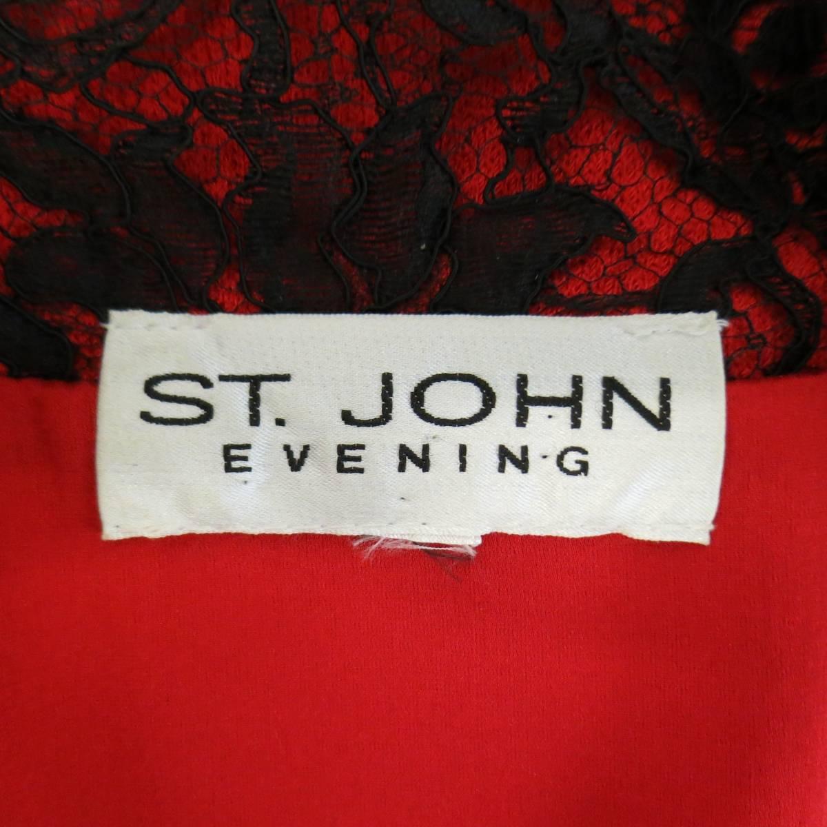 1990's ST. JOHN EVENING Size 12 Red & Black Crystal Lace Zip Jacket 3