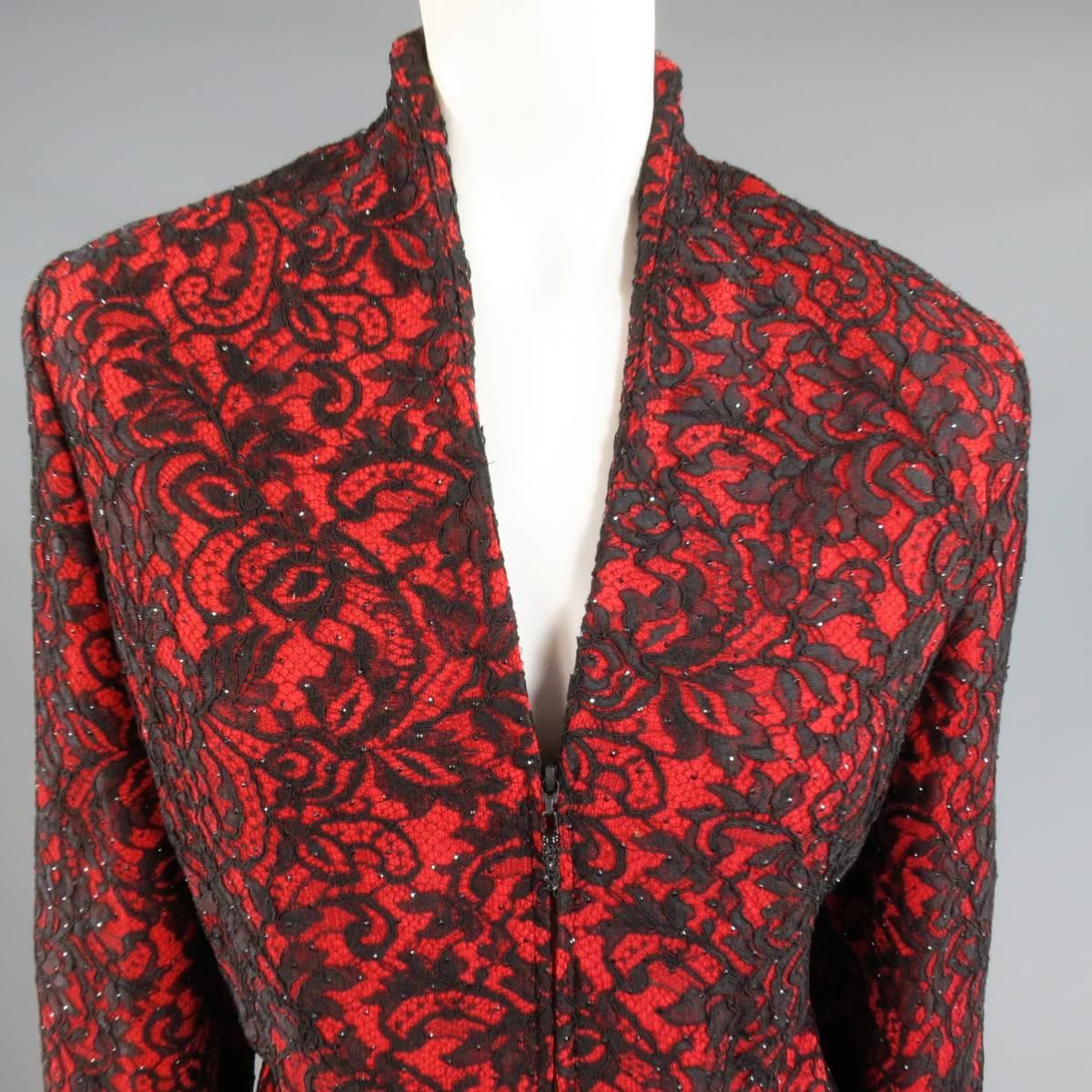This gorgeous vintage ST. JOHN EVENING formal jacket comes in a brilliant red fabric with black lace overlay covered in small black crystals and features a deep V collarless neckline, zip up closure with black crystal tab, and lace fringe trim. Some