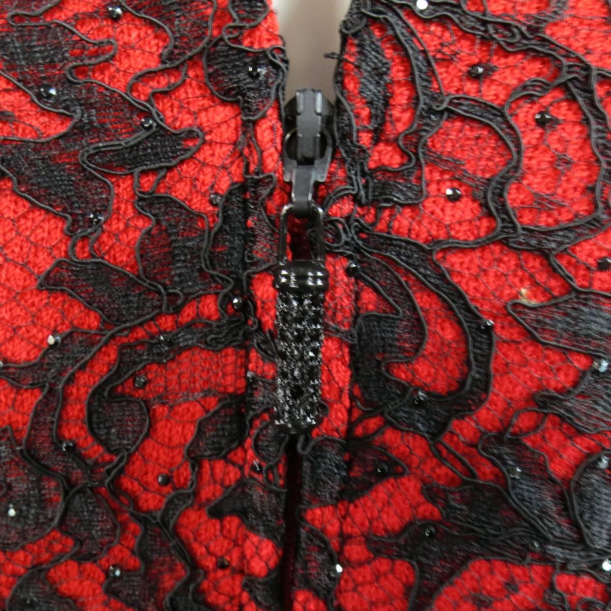 Brown 1990's ST. JOHN EVENING Size 12 Red & Black Crystal Lace Zip Jacket