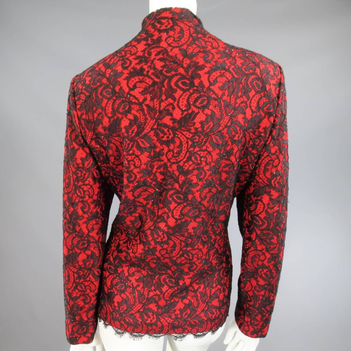 1990's ST. JOHN EVENING Size 12 Red & Black Crystal Lace Zip Jacket 1