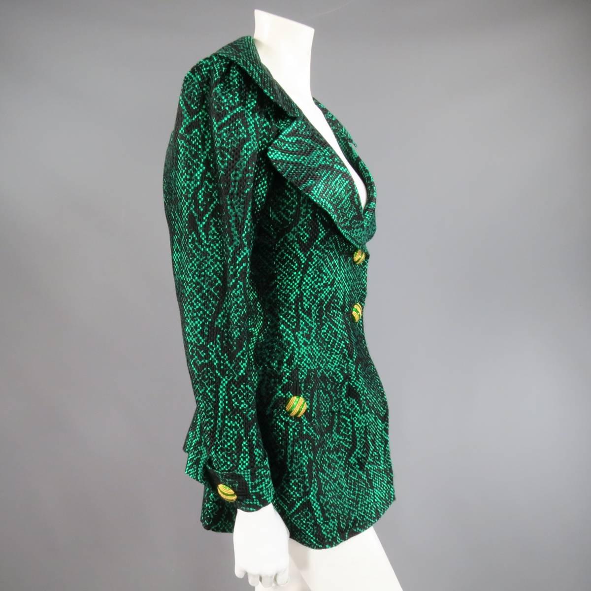 Women's Vintage YVES SAINT LAURENT Size 6 Green Textured Python Print Gold Button Jacket