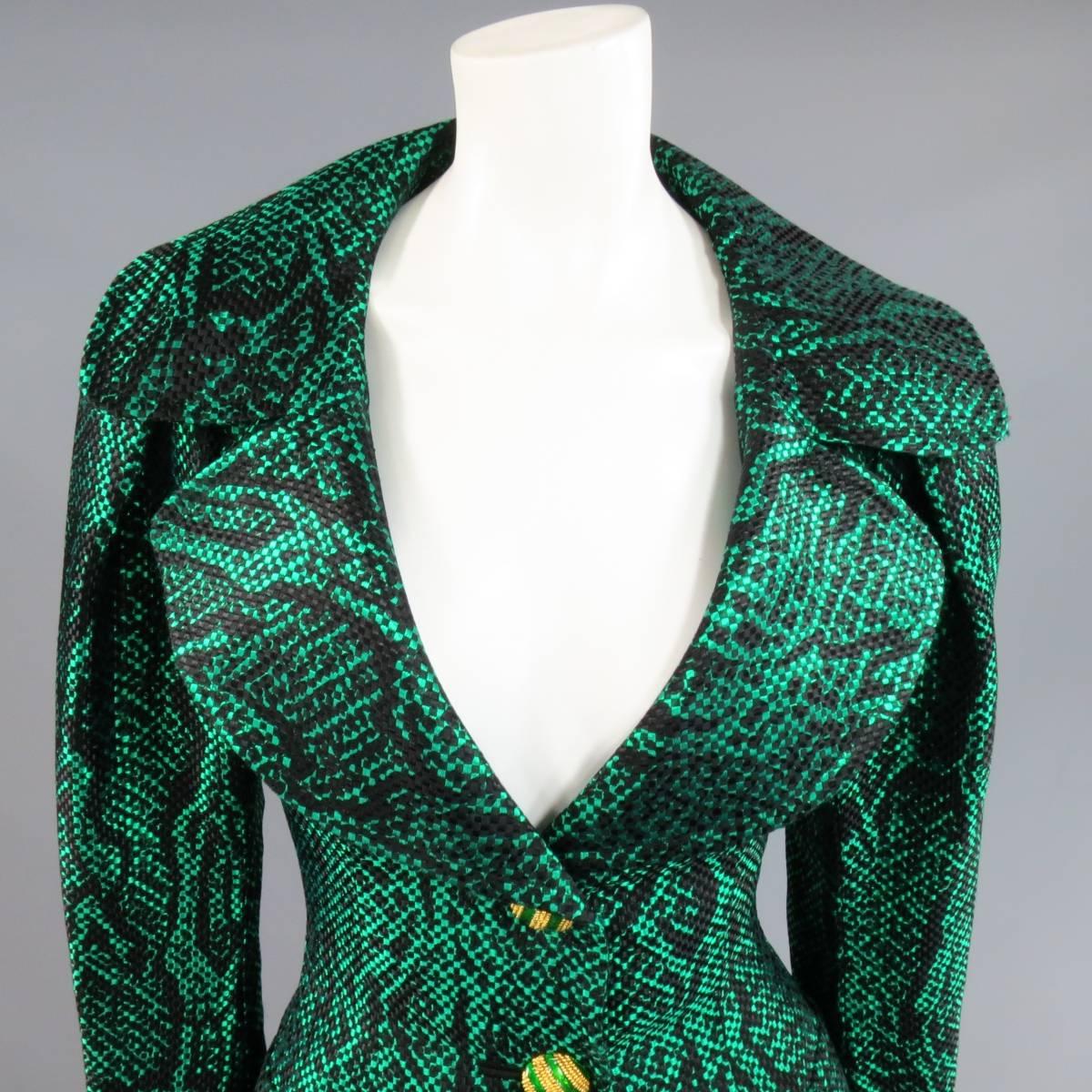 This stunning vintage YVES SAINT LAURENT Rive Gauche jacket comes in a structured emerald green and black checkered textured python snake print jacquard material and features a wide lapel, pleated puff shoulder sleeves with cuff, hourglass