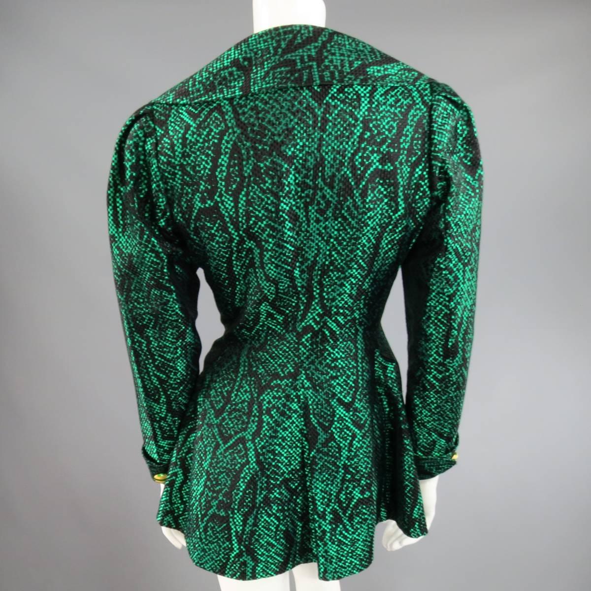 Vintage YVES SAINT LAURENT Size 6 Green Textured Python Print Gold Button Jacket 4