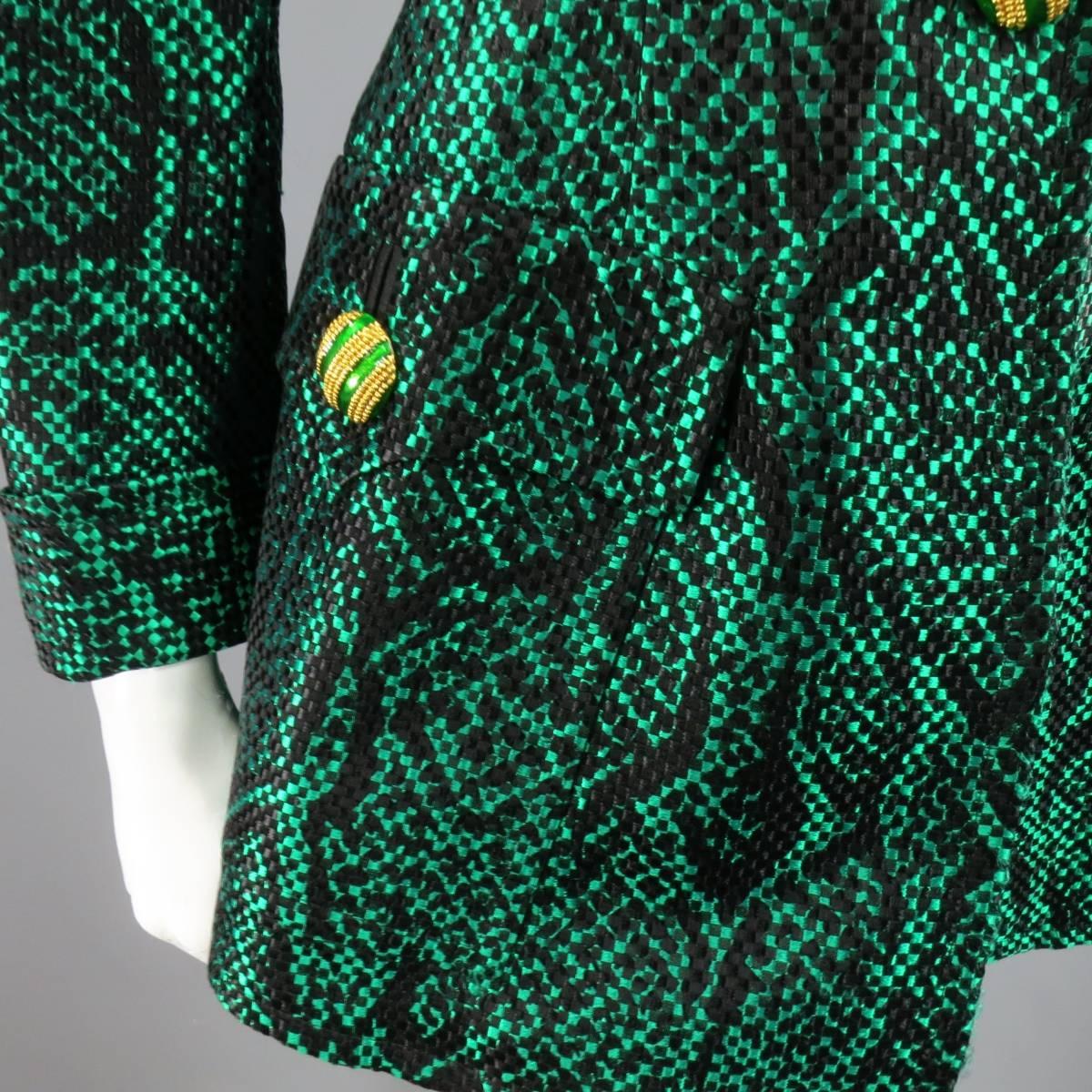 Vintage YVES SAINT LAURENT Size 6 Green Textured Python Print Gold Button Jacket In Excellent Condition In San Francisco, CA