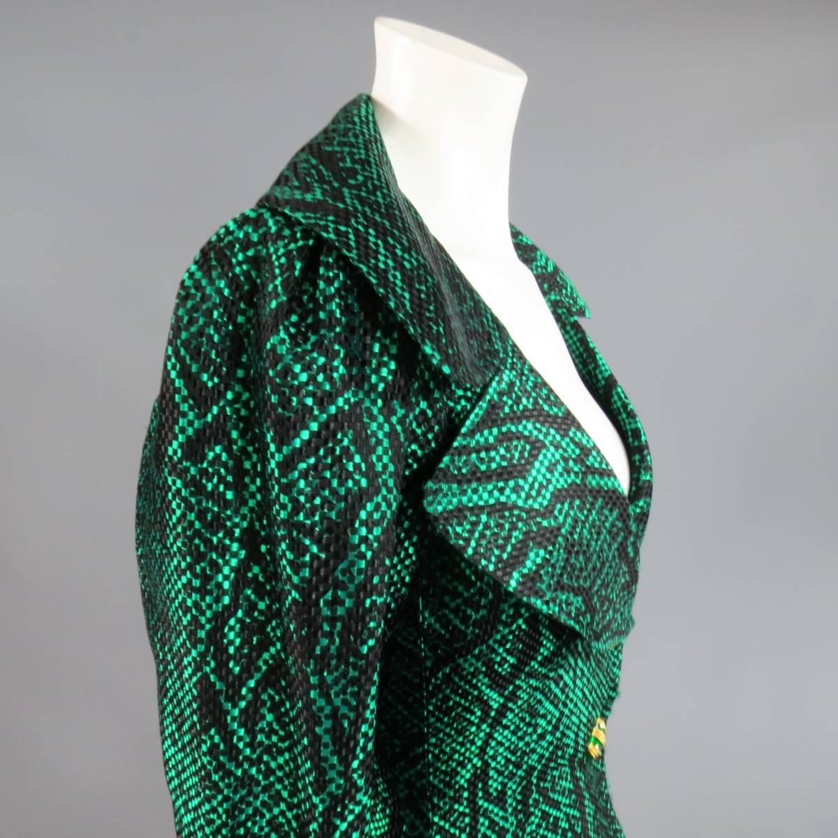 Vintage YVES SAINT LAURENT Size 6 Green Textured Python Print Gold Button Jacket 1