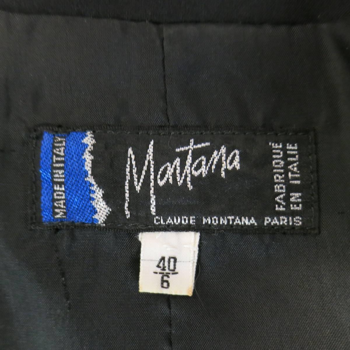 CLAUDE MONTANA Jacket Size 4 Black Wool Peak Lapel Silver Back Chain Coat 4