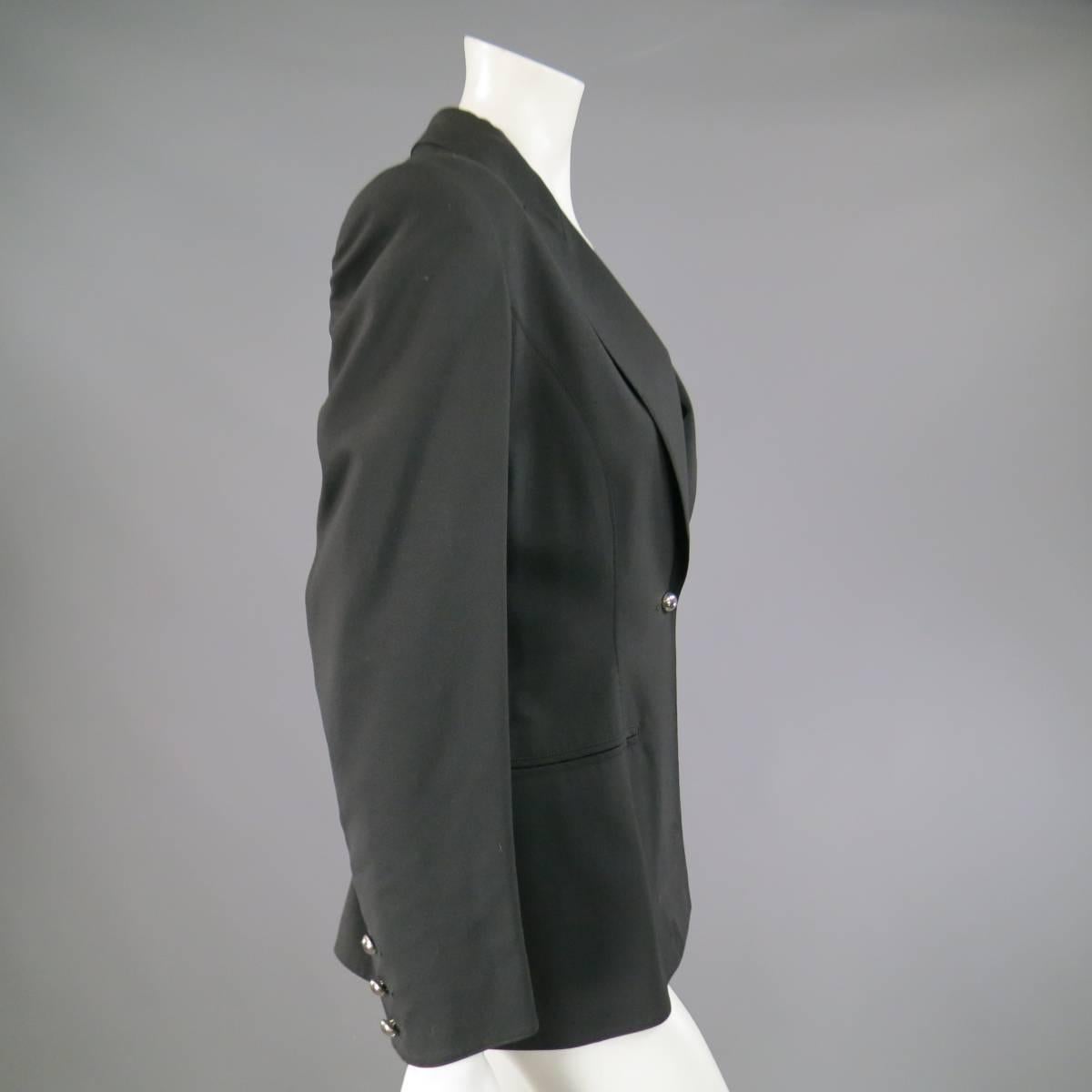 CLAUDE MONTANA Jacket Size 4 Black Wool Peak Lapel Silver Back Chain Coat 3