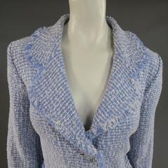 ST. JOHN Size 14 Light Blue & White Boucle Enamel Flower Button Raw Edge Jacket