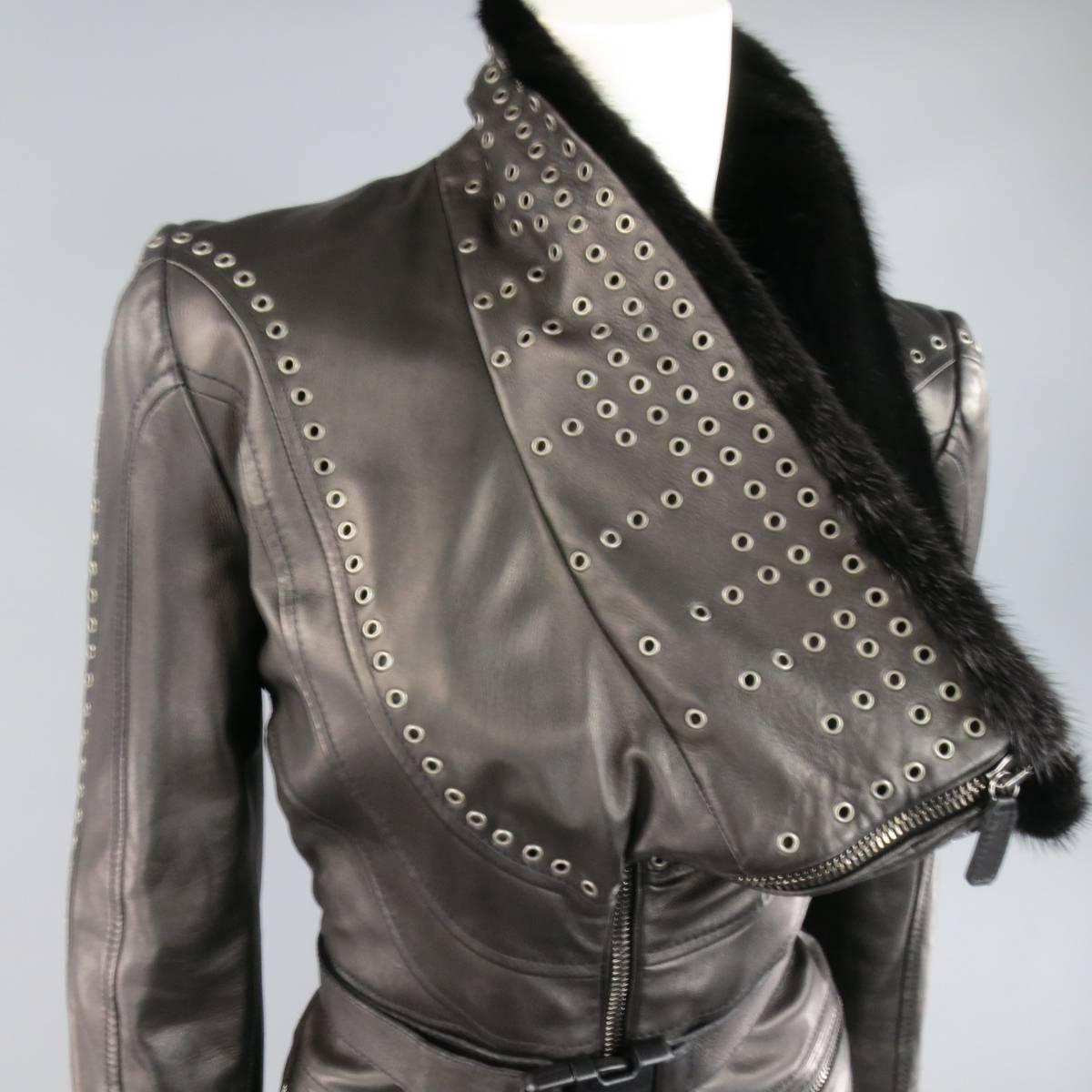 EMANUEL UNGARO 2 Black Leather Mink Fur Collar Cropped Biker Jacket Retail $5390 1