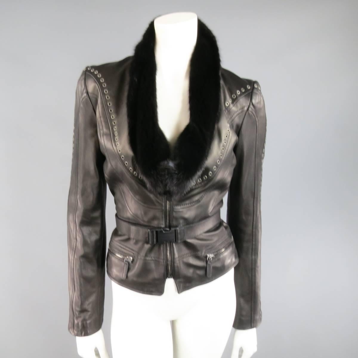 Women's EMANUEL UNGARO 2 Black Leather Mink Fur Collar Cropped Biker Jacket Retail $5390