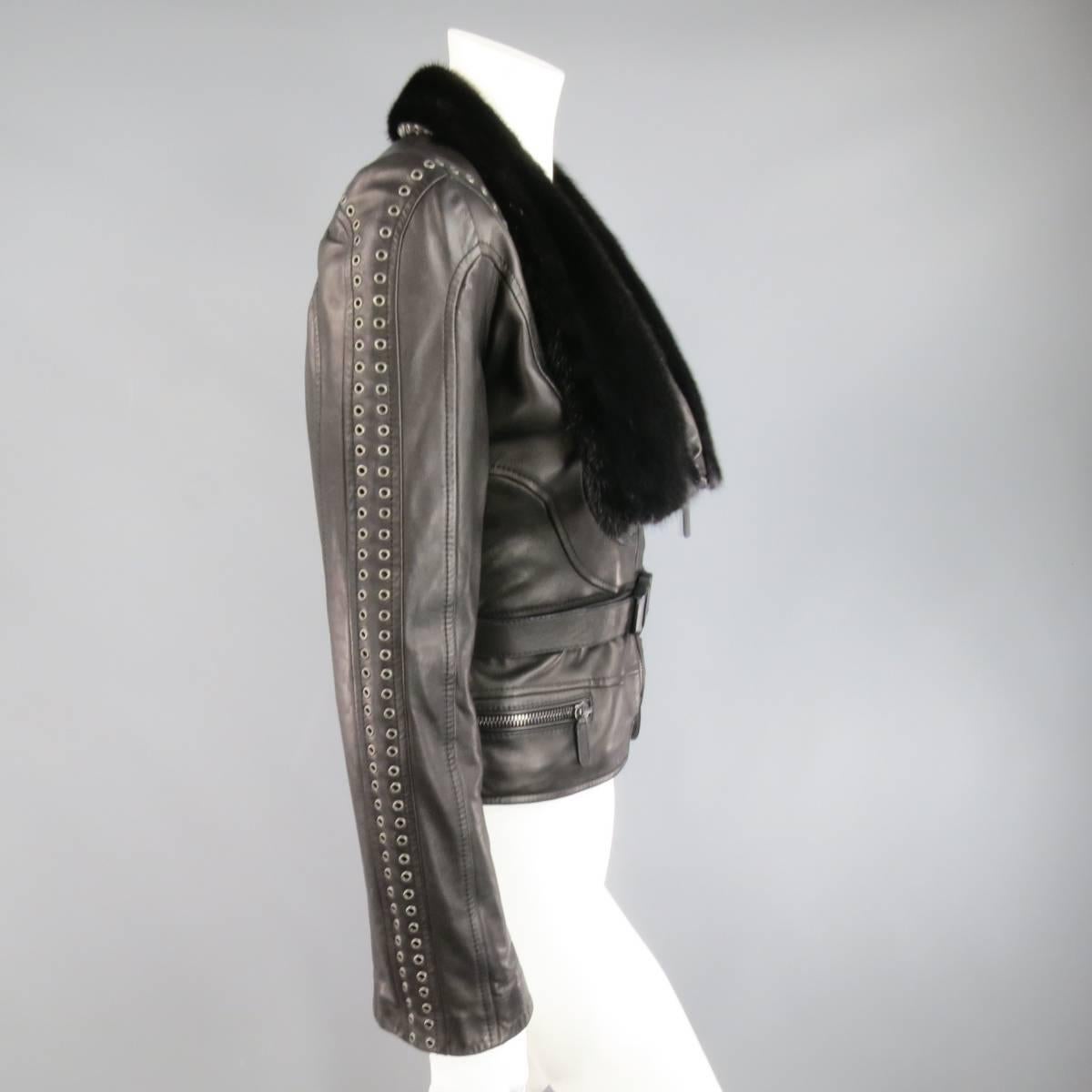 EMANUEL UNGARO 2 Black Leather Mink Fur Collar Cropped Biker Jacket Retail $5390 3