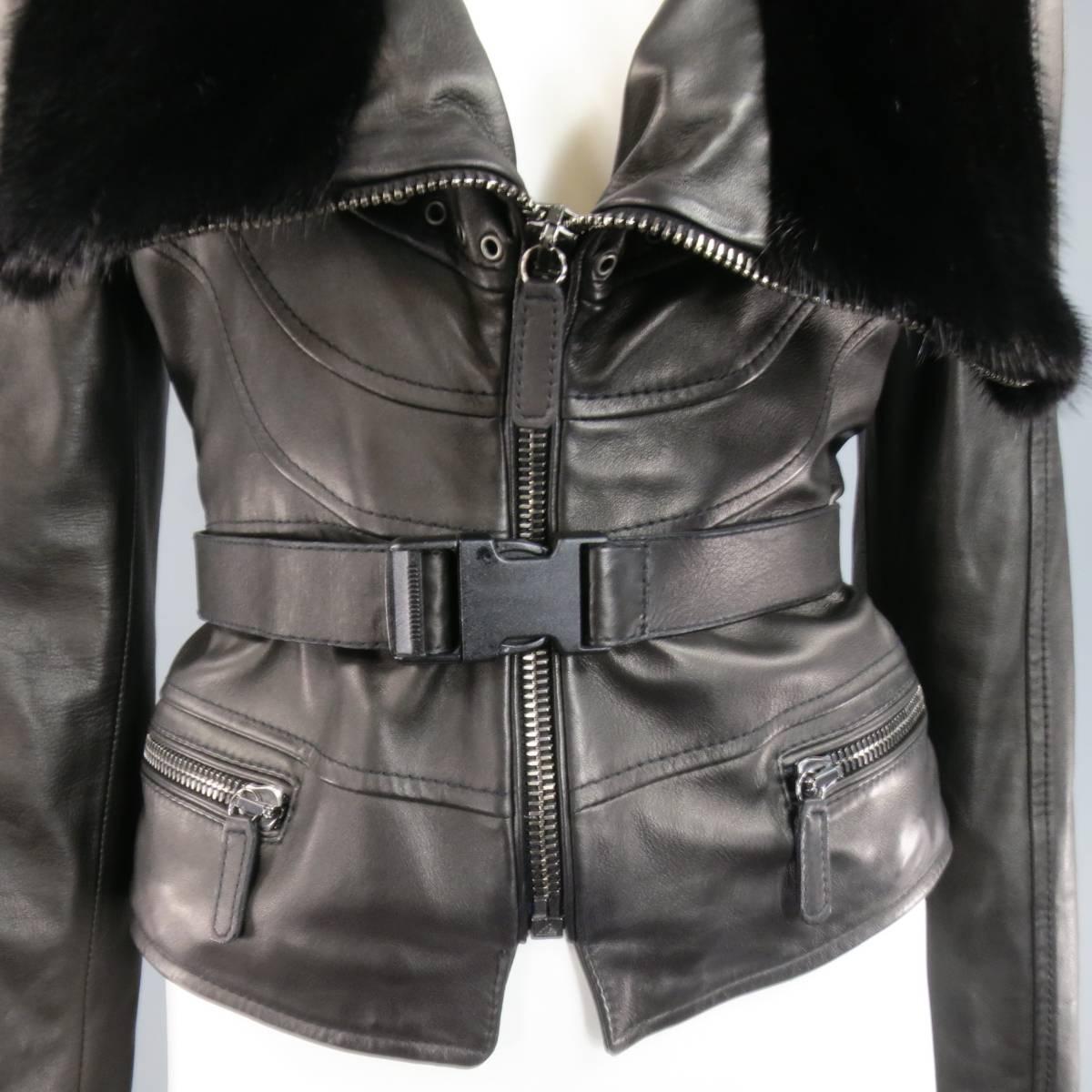 EMANUEL UNGARO 2 Black Leather Mink Fur Collar Cropped Biker Jacket Retail $5390 In Excellent Condition In San Francisco, CA