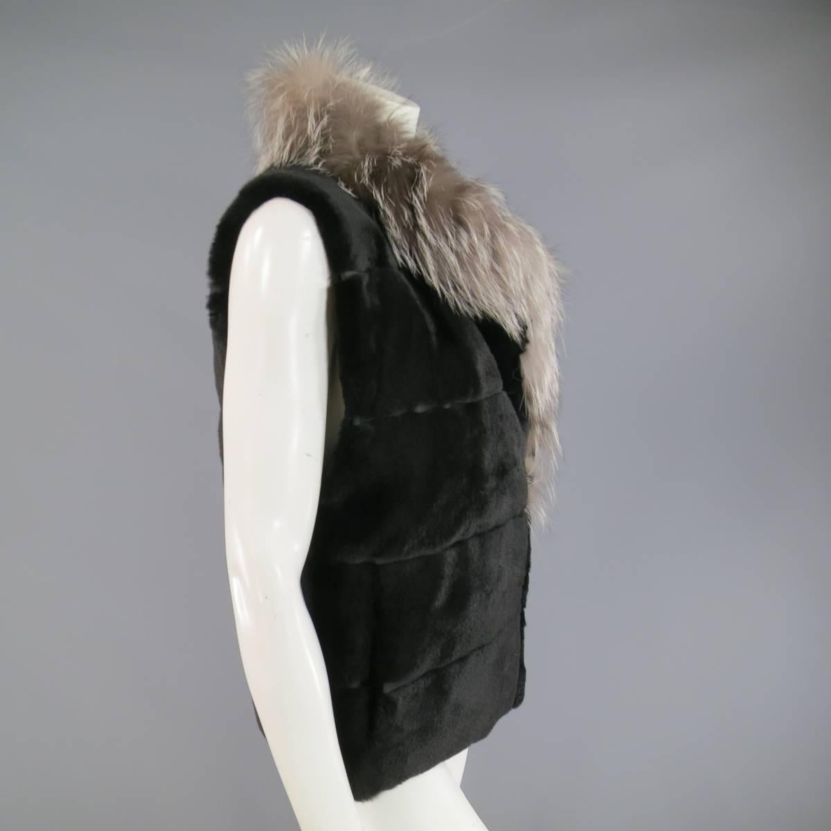 Vintage ANDRIANA FURS Size M Black Mink Silver Fox Collar Fur Vest 2