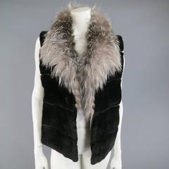 Vintage ANDRIANA FURS Size M Black Mink Silver Fox Collar Fur Vest