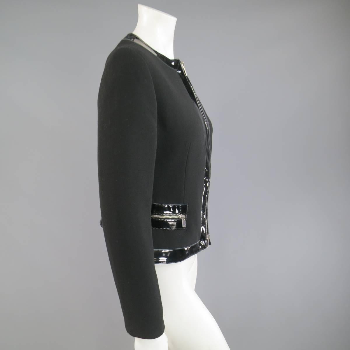 MICHAEL KORS Size 8 Black Virgin Wool & Patent Leather Zip Jacket 1