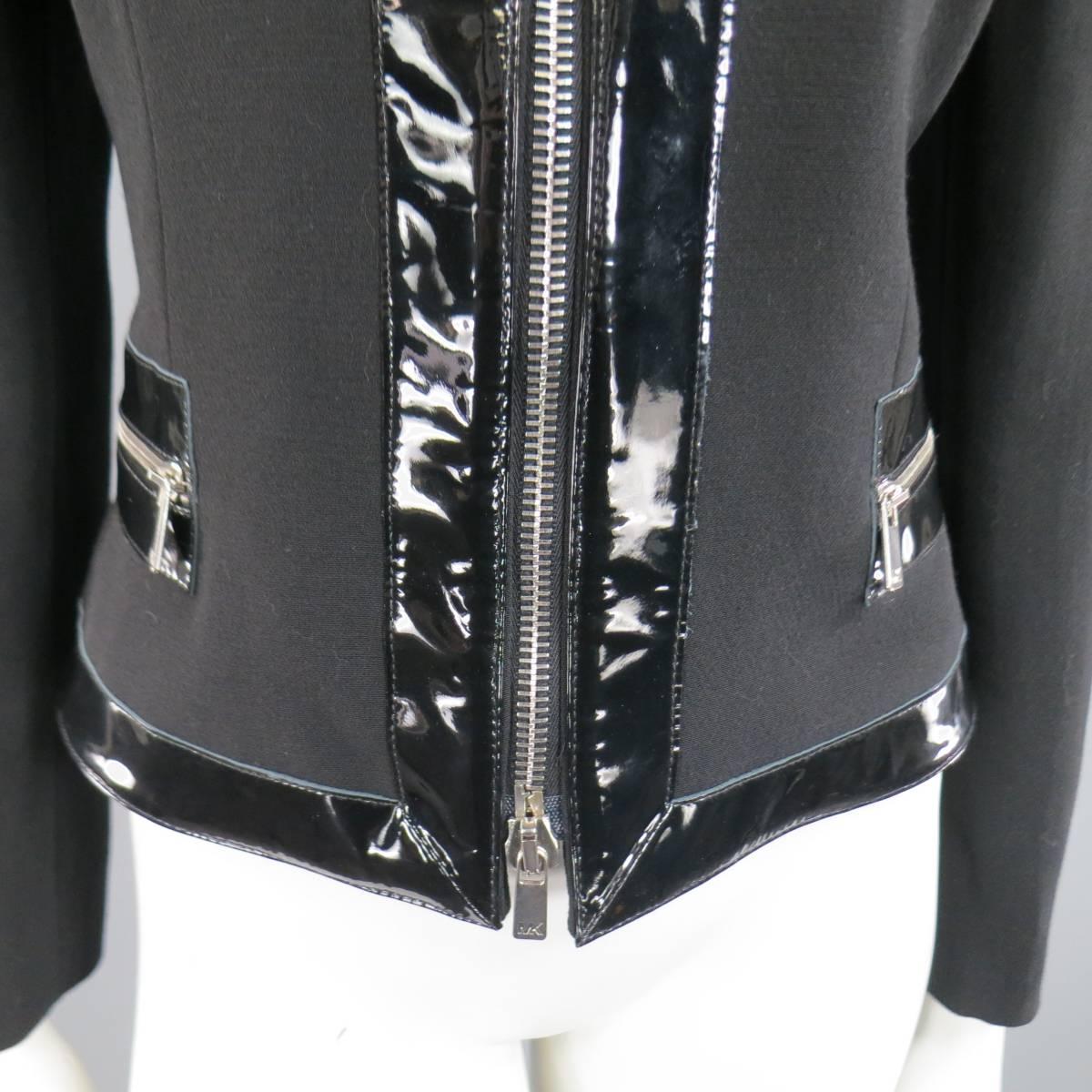 MICHAEL KORS Size 8 Black Virgin Wool & Patent Leather Zip Jacket In Excellent Condition In San Francisco, CA