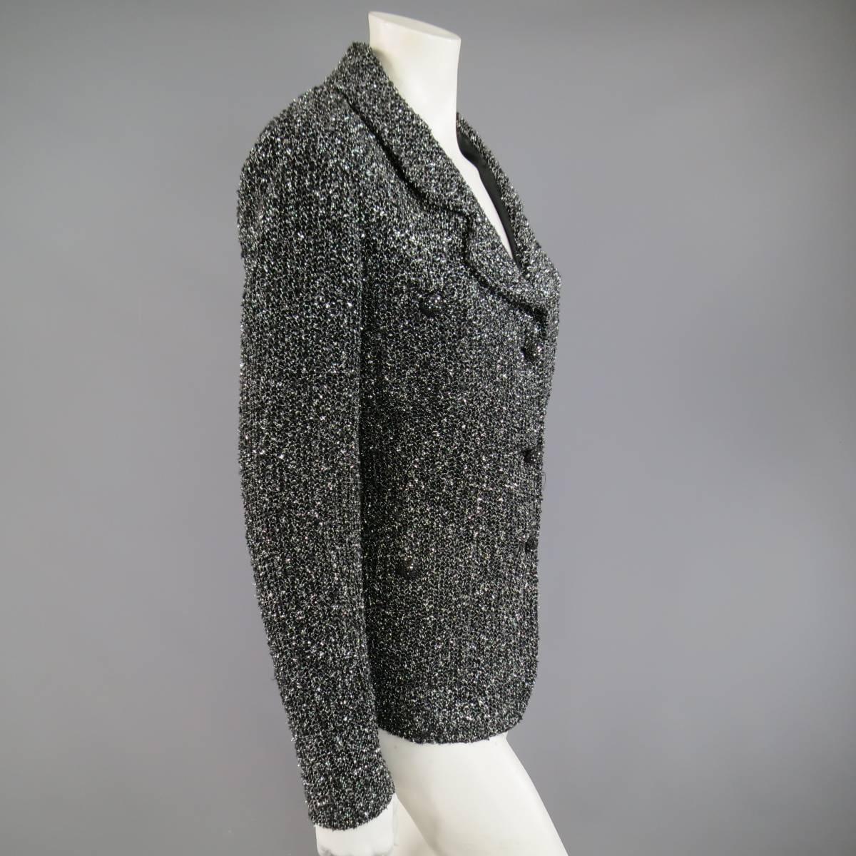 Women's ST. JOHN CAVIAR Size 14 Black & Silver Tinsel Sparkle Knit Boucle Jacket